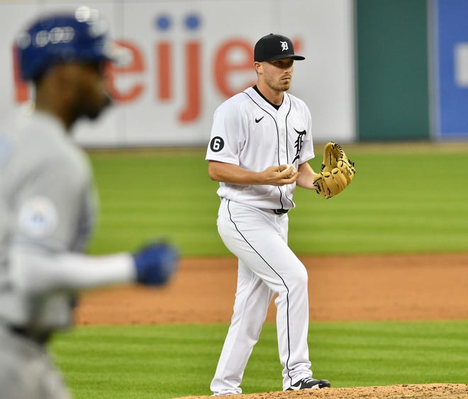 Tigers pitcher Beau Burrows walks back to the mound as Royals' Jorge Soler rounds the bases on his two-run home run in the fifth inning.