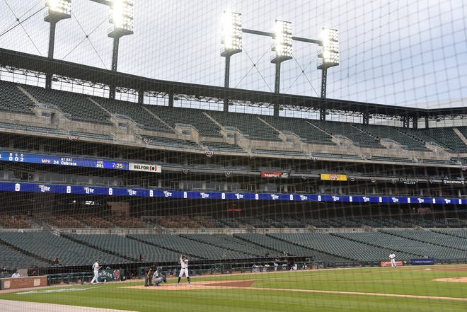 Tigers designated hitter Miguel Cabrera bats in the first inning inside an empty Comerica Park in Detroit.