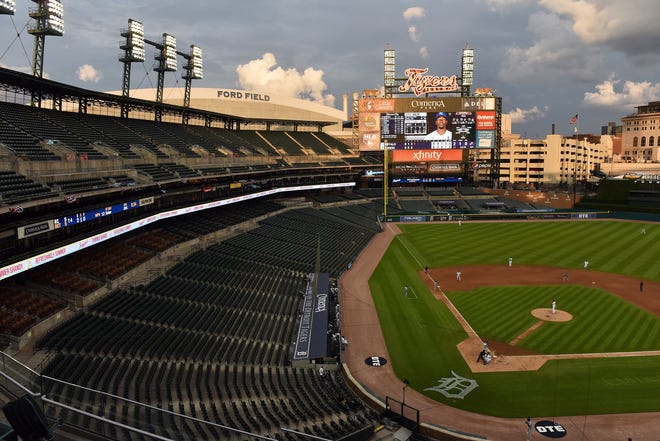 Clouds over the ballpark in the fourth inning.  Detroit Tigers vs Kansas City Royals in Tigers home opener at Comerica Park in Detroit on July 27, 2020.