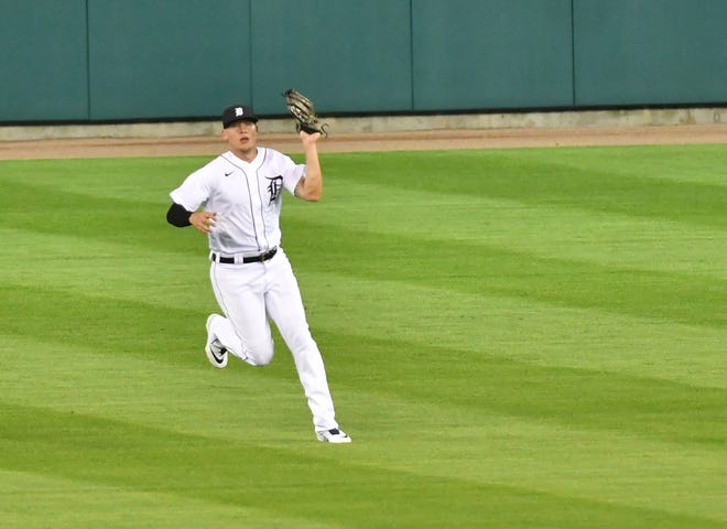 Tigers center fielder JaCoby Jones makes a running catch on a fly ball off the bat of Royals ' Maikel Franco in the sixth inning.