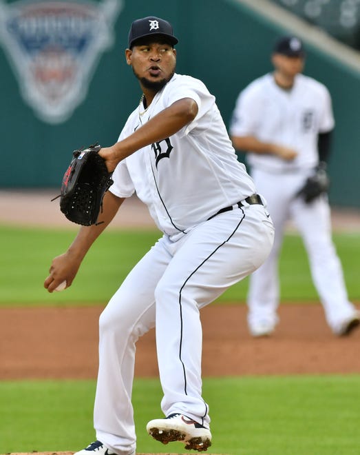 Tigers pitcher Ivan Nova works in the third inning.  Detroit Tigers vs Kansas City Royals at Comerica Park in Detroit on July 30, 2020.