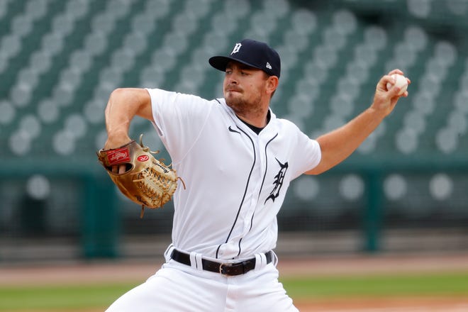 Tigers pitcher Tyler Alexander delivers in the fourth inning of the first game of a doubleheader.
