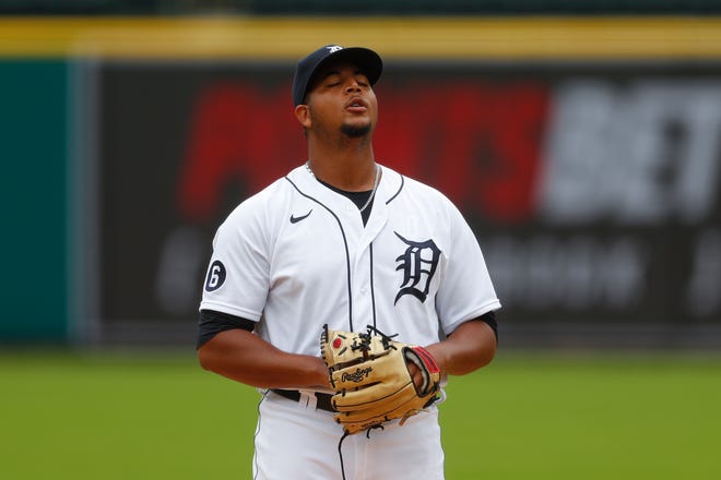 Tigers starter Rony Garcia reacts after allowing a home run in the first inning of the first game of a doubleheader.