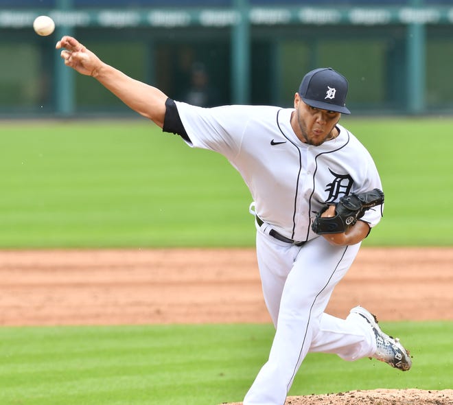 Tigers pitcher Joe Jimenez works in the ninth inning. Detroit Tigers vs Cincinnati Reds Game 1 at Comerica Park in Detroit on August 2, 2020.