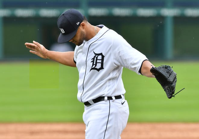 Tigers pitcher Joe Jimenez reacts after the top of the ninth inning. Detroit Tigers vs Cincinnati Reds Game 1 at Comerica Park in Detroit on August 2, 2020.