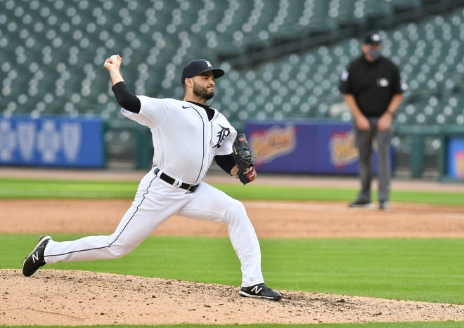 Tigers pitcher Bryan Garcia works in the seventh inning.