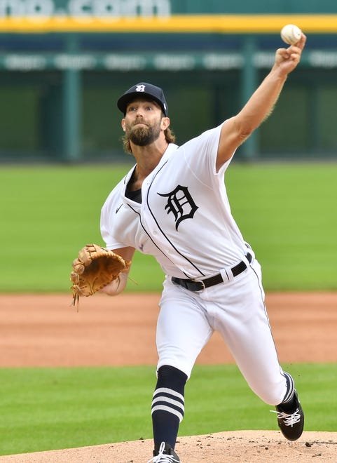 Tigers pitcher Daniel Norris works in the first inning.  Detroit Tigers vs Cincinnati Reds Game 2 at Comerica Park in Detroit on August 2, 2020.