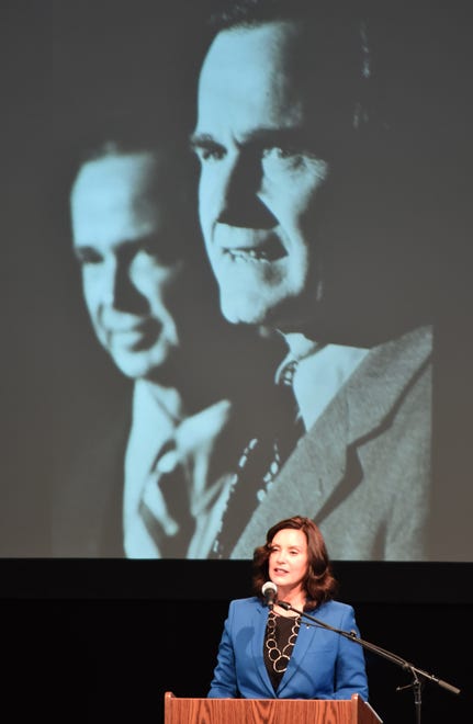 Michigan Governor Gretchen speaks at a memorial service for Governor William Milliken, who died last October, 2019, at the age of 97. The 44th Governor of Michigan was remembered at the Interlochen Center for the Arts on Thursday, August 6, 2020.