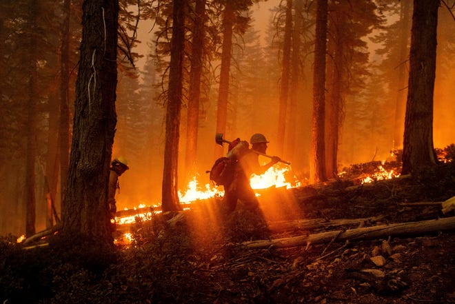 Firefighter Cody Carter battles the North Complex Fire in Plumas National Forest, Calif., on Monday, Sept. 14, 2020.