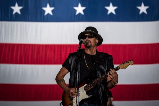 Kid Rock performs during the Make America Great Again rally with Donald Trump Jr. at Bumpers Landing Boat Club in Harrison Township, Mich on Sept. 14, 2020.