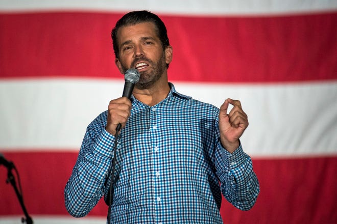 Donald Trump Jr. speaks during the Make America Great Again rally with Donald Trump Jr. and Kid Rock.
