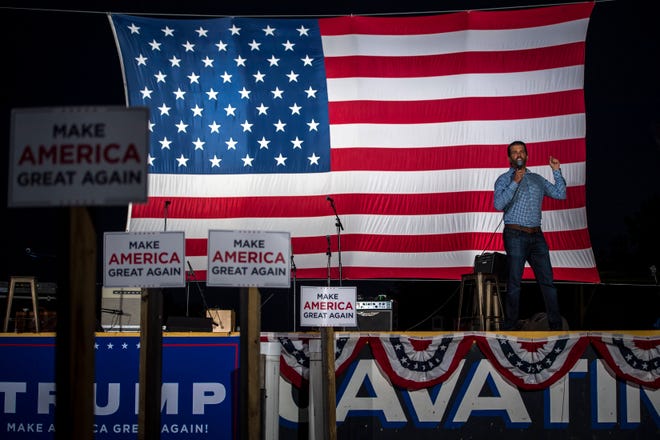 Donald Trump Jr. speaks during the Make America Great Again rally with Donald Trump Jr. and Kid Rock.