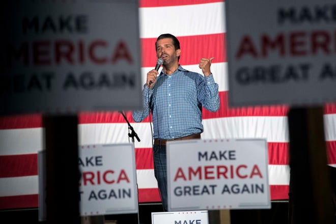 Donald Trump Jr. speaks during the Make America Great Again rally with Donald Trump Jr. and Kid Rock at Bumpers Landing Boat Club in Harrison Township, Mich on Sept. 14, 2020.