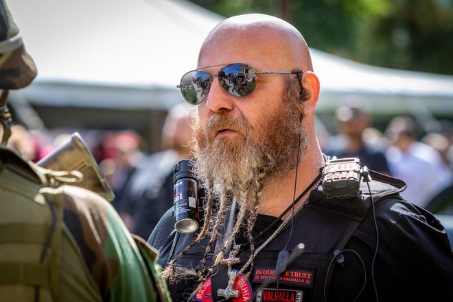 Michigan Liberty Militia member Phil Robinson of Barry County attends the Second Amendment March at the Capitol Building in Lansing, Michigan on September 17, 2020.