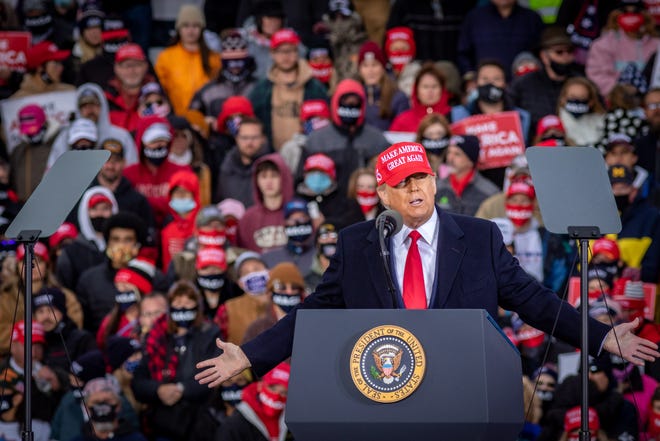 U.S. President Donald Trump speaks to supporters at a rally at Muskegon County Airport in Muskegon on Oct. 17, 2020.