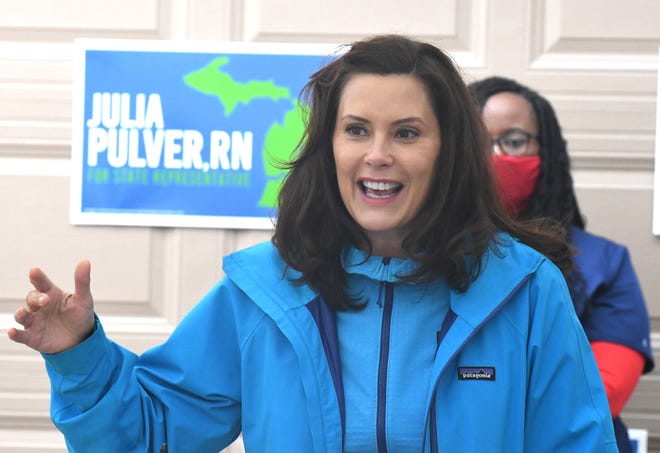 Michigan Governor Gretchen Whitmer during a press conference in West Bloomfield Township, Michigan on October 18, 2020.