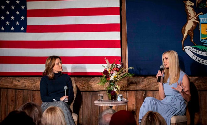 Ivanka Trump, right and former White House Director of Communications Mercedes Schlapp participate in a conversation with local supporters at Wildwood Family Farms in Alto, Mich.