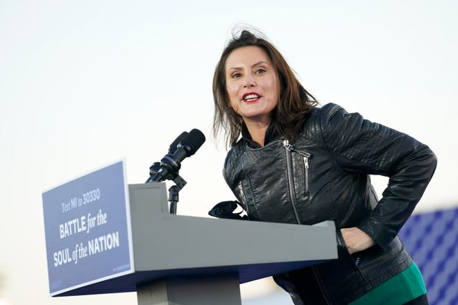Gov. Gretchen Whitmer, D-Mich., speaks before Democratic presidential candidate former Vice President Joe Biden and former President Barack Obama speak at a rally at Belle Isle Casino in Detroit, Mich., Saturday, Oct. 31, 2020.