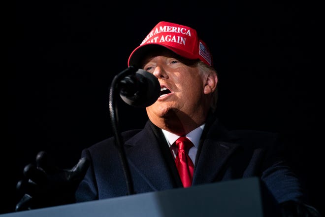 President Donald Trump speaks during a campaign rally at Cherry Capital Airport, Monday, Nov. 2, 2020, in Traverse City, Mich.