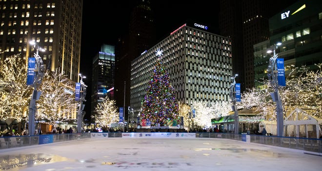 Although the 17th annual Detroit Tree Lighting event was a pre-recorded, made-for-TV event due to the coronavirus pandemic, the 19,000 lights on the official Detroit Christmas tree in Campus Martius Park were turned on Friday evening and many people enjoyed strolling around the park enjoying the lights and the unseasonably warm weather. Photos taken on Friday, November 20, 2020.