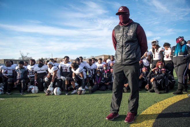 River Rouge head coach Corey Parker looks on after the 33-30 win against Detroit King at Detroit King in Detroit, Mich on Jan. 9, 2021.