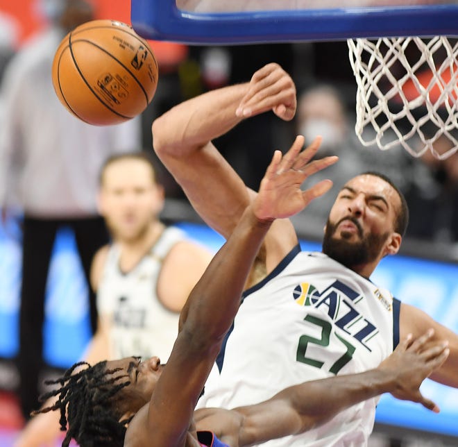 Jazz's Rudy Gobert blocks the shot of Pistons' Isaiah Stewart in the second quarter.