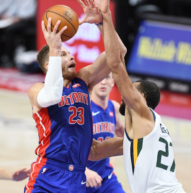 Pistons' Blake Griffin scores over Jazz's Rudy Gobert in the second quarter.