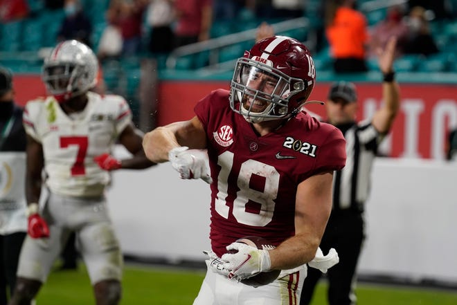 Alabama wide receiver Slade Bolden celebrates after scoring a touchdown against Ohio State during the second half.