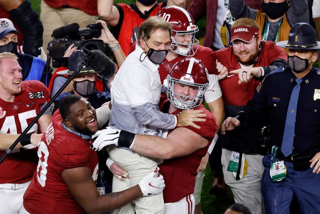 Head coach Nick Saban of the Alabama Crimson Tide celebrates defeating the Ohio State Buckeyes in the College Football Playoff National Championship game at Hard Rock Stadium on January 11, 2021 in Miami Gardens, Florida.