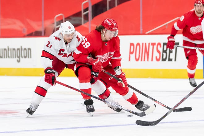 Detroit left wing Tyler Bertuzzi and Carolina right wing Nino Niederreiter battle for the puck in the third period during a game between the Detroit Red Wings and the Carolina Hurricanes, at Little Caesars Arena, in Detroit, January 14, 2021.