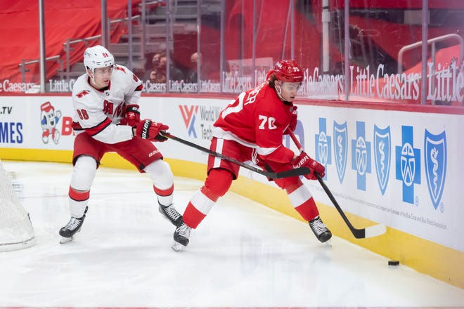 Detroit right wing Troy Stecher keeps the puck away from Carolina center Martin Necas in the second period during a game between the Detroit Red Wings and the Carolina Hurricanes, at Little Caesars Arena, in Detroit, January 14, 2021.