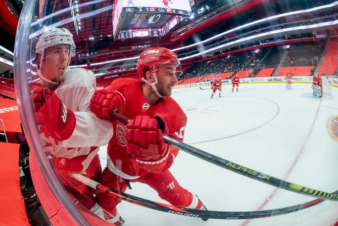 Detroit center Frans Nielsen, right, and Carolina defenseman Haydn Fleury check each other in the second period during a game between the Detroit Red Wings and the Carolina Hurricanes, at Little Caesars Arena, in Detroit, January 14, 2021.
