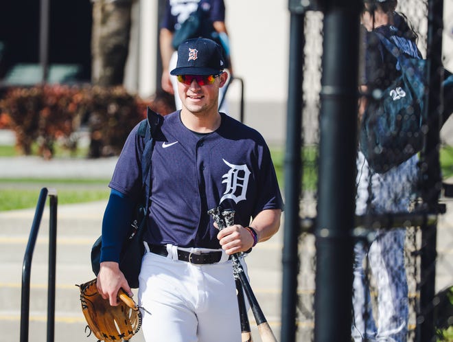 Tigers prospect Spencer Torkelson heads out for the workout at Joker Marchant Stadium in Lakeland, Florida on February 22, 2021.