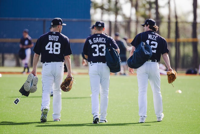 From left, Tigers pitchers Matthew Boyd, Bryan Garcia and Casey Mize head out for the day's workout in Lakeland, Florida on February 22, 2021.