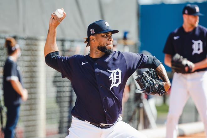 Tigers pitcher Jose Cisnero work in the bullpen in Lakeland, Florida on February 22, 2021.