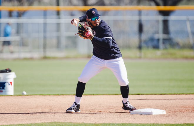 Tigers infielder Harold Castro during infield practice in Lakeland, Florida on February 22, 2021.