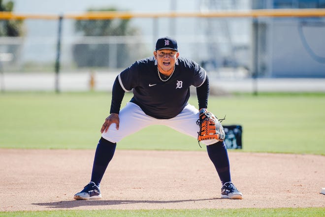 Tigers first baseman Miguel Cabrera during infield practice in Lakeland, Florida on February 22, 2021.
