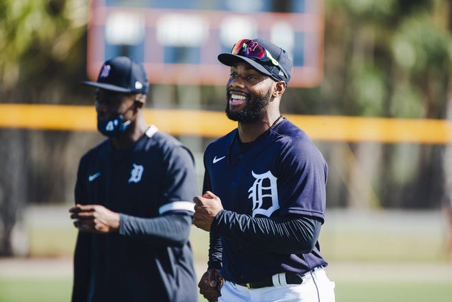 From left, Tigers outfielders Daz Cameron and Akil Baddoo in Lakeland, Florida on February 22, 2021.