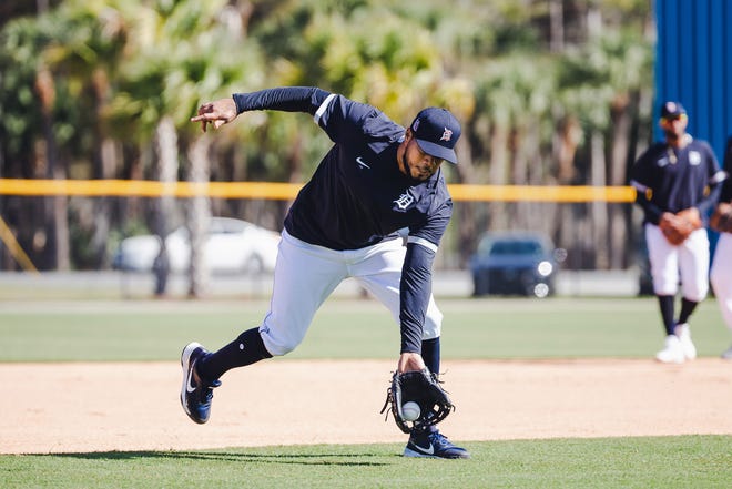 Tigers infielder Jeimer Candelario during infield practice in Lakeland, Florida on February 22, 2021.