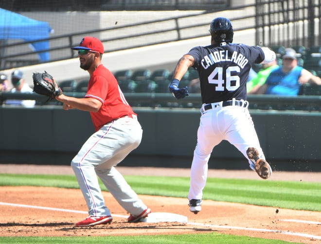 With Phillies' Darick Hall covering first base, Tigers' Jeimer Candelario reaches safely in the first inning.