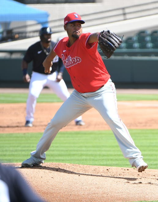 Former Tigers, Phillies pitcher Ivan Nova works in the first inning.