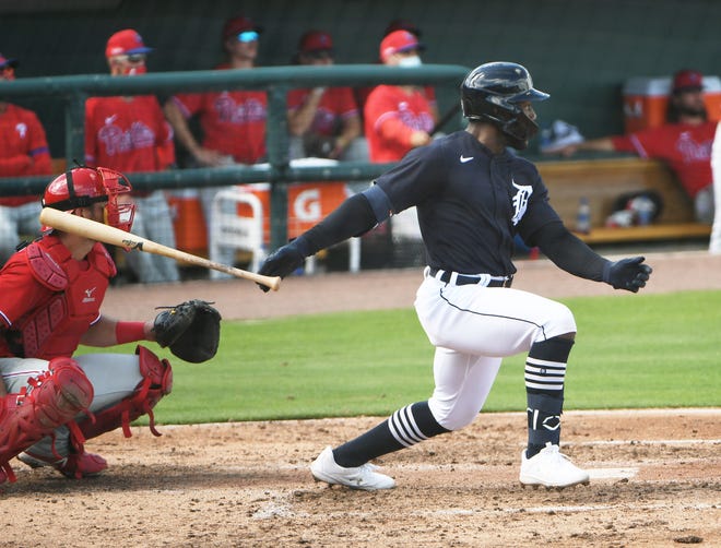 Tigers' Akil Baddoo singles in a run during the second inning.