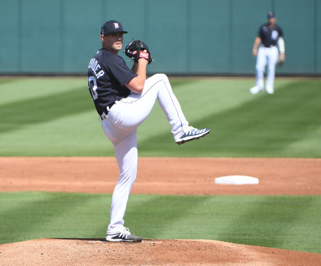 Tigers pitcher Tyler Alexander works in the first inning.