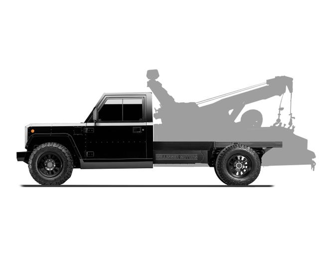 The B2 CHASS-E Cab pickup - a two-or-four door cab on which customers can purpose-build their own payload box. Like this tow truck.