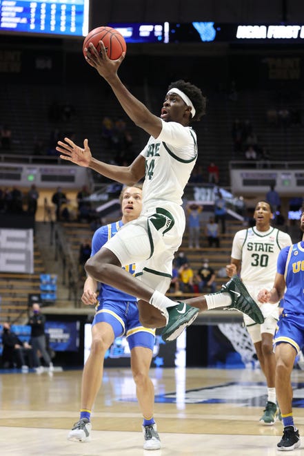 Gabe Brown (44) of the Michigan State Spartans shoots a layup against the UCLA Bruins during the second half.
