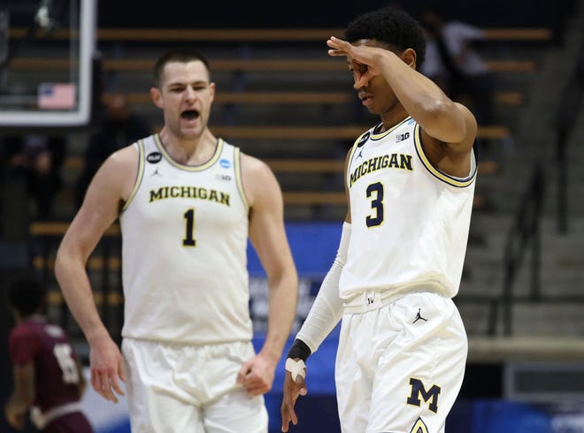 Zeb Jackson (3) of the Michigan Wolverines reacts during the first half.