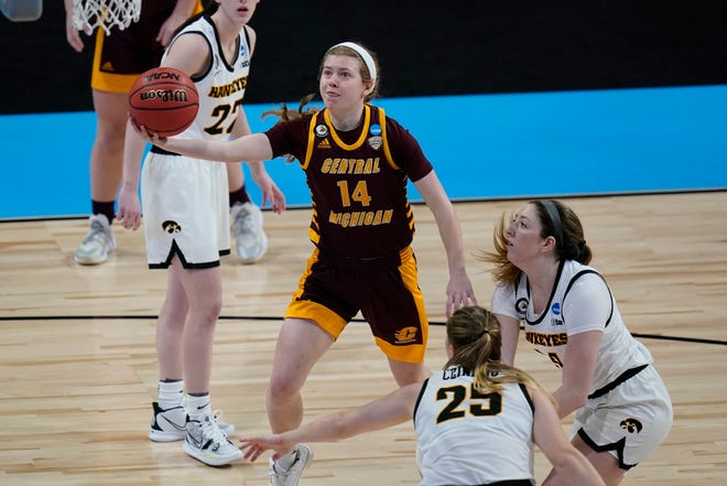 Central Michigan guard Molly Davis (14) drives to the basket over Iowa defenders during the first half.