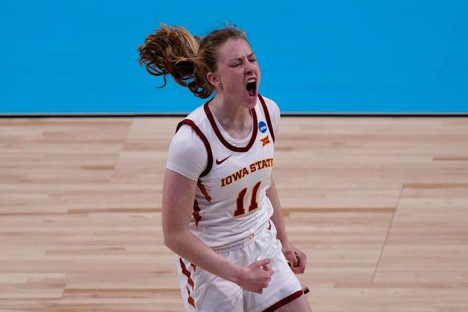 Iowa State guard Emily Ryan celebrates after making a basket during the first half.