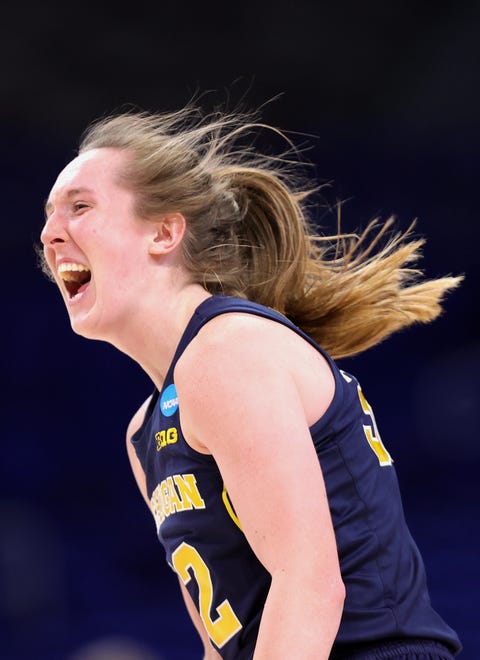 Michigan's Leigha Brown #32 reacts in the final minutes of her team's win.