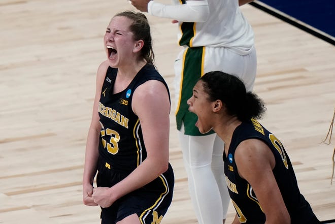 Michigan's Danielle Rauch reacts after making a basket during overtime of a women's NCAA Tournament game against Baylor on Saturday, March 27, 2021, in San Antonio. Baylor won, 78-75, in overtime.